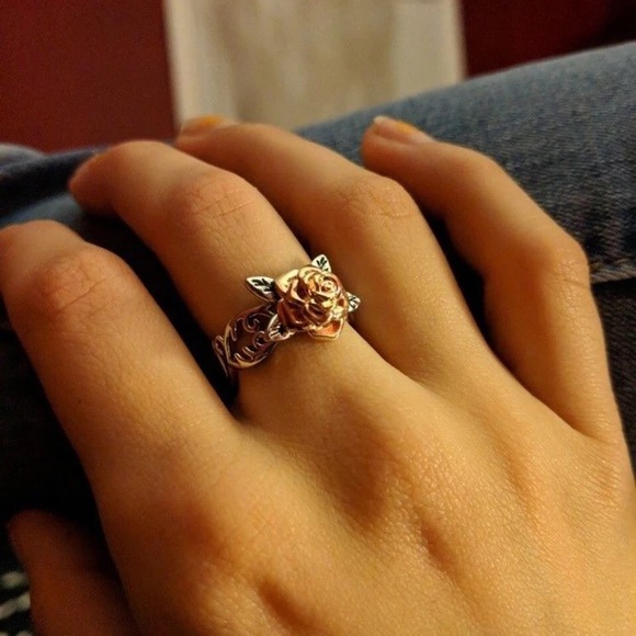 Sterling Silver Rose Gold Flower Scroll Ring - Picture 6 of 8